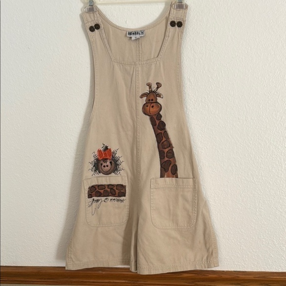 Vintage 90s Haik’s Khaki Hand-painted Giraffe Denim Shortalls Jumper Medium